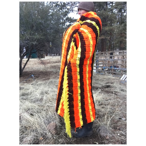 Vintage 1970s Striped Crochet Afghan Blanket with Fringe - Picture 5 of 5